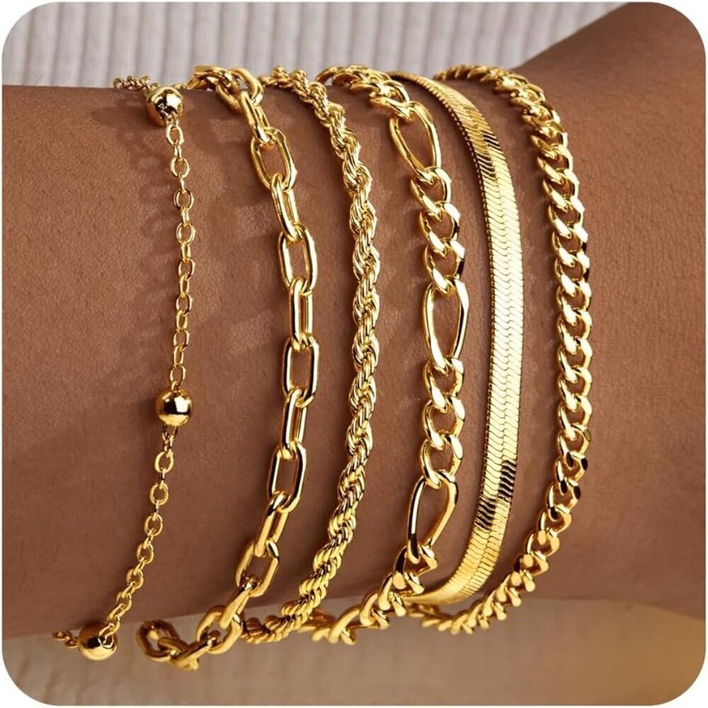 Gold Chain Bracelets Set Women Non Tarnish 14K Gold Plated Layered Jewelry